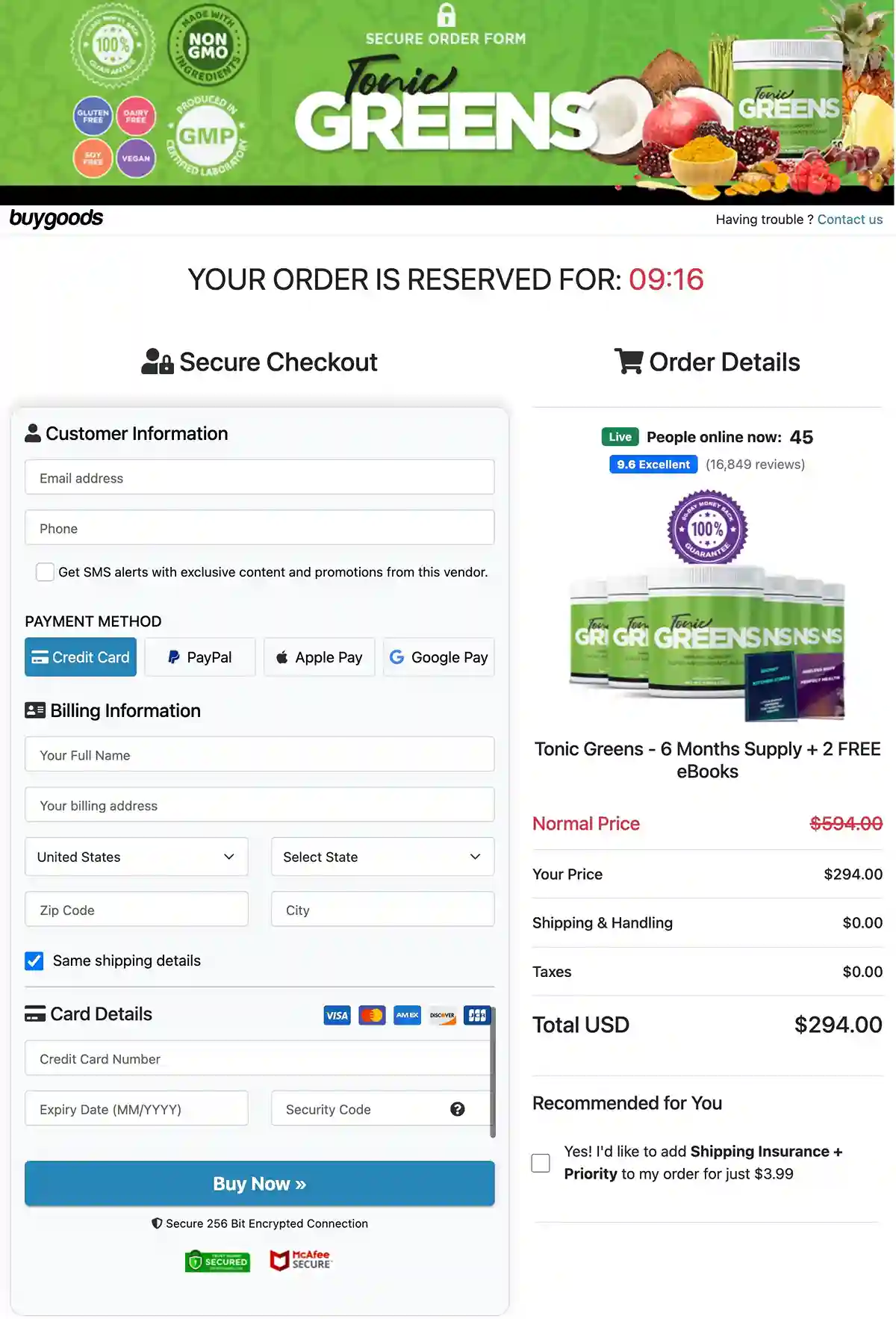 TonicGreens Order Page — Choose Your Package — Secure Checkout